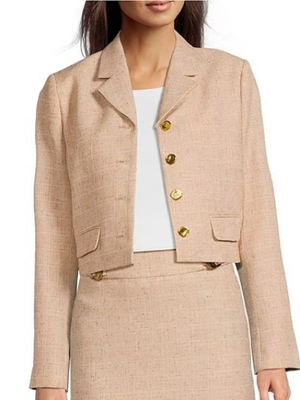 Donna Karan Blush Tweed Cropped Jacket With Gold Buttons